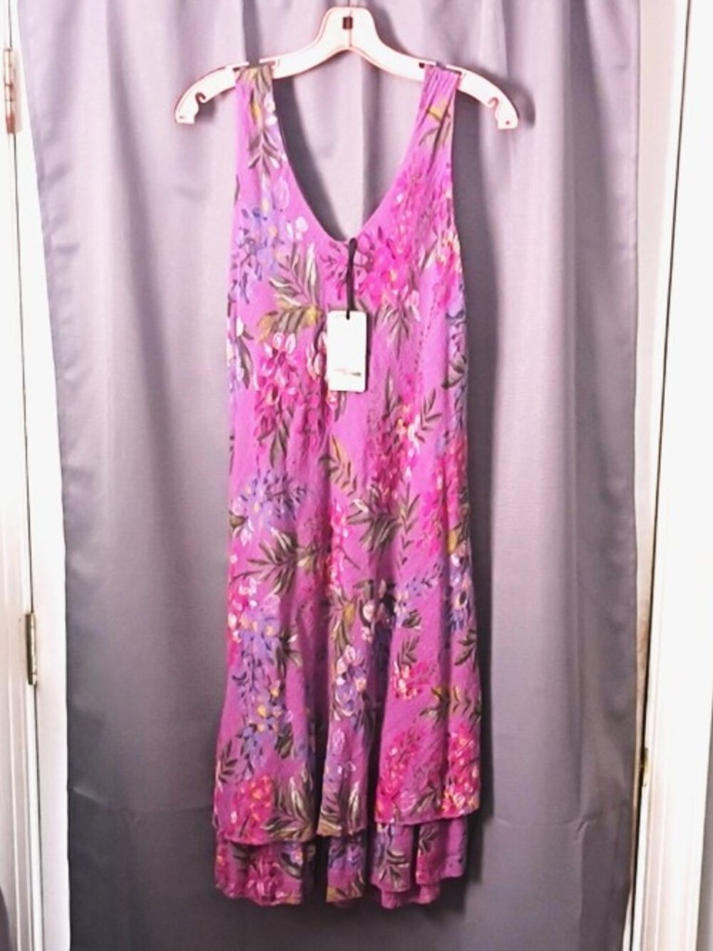 ❤️NWT BELLA AMORE ITALY Purple Floral LINEN Langenlook Asymemetrical Dress L/XL